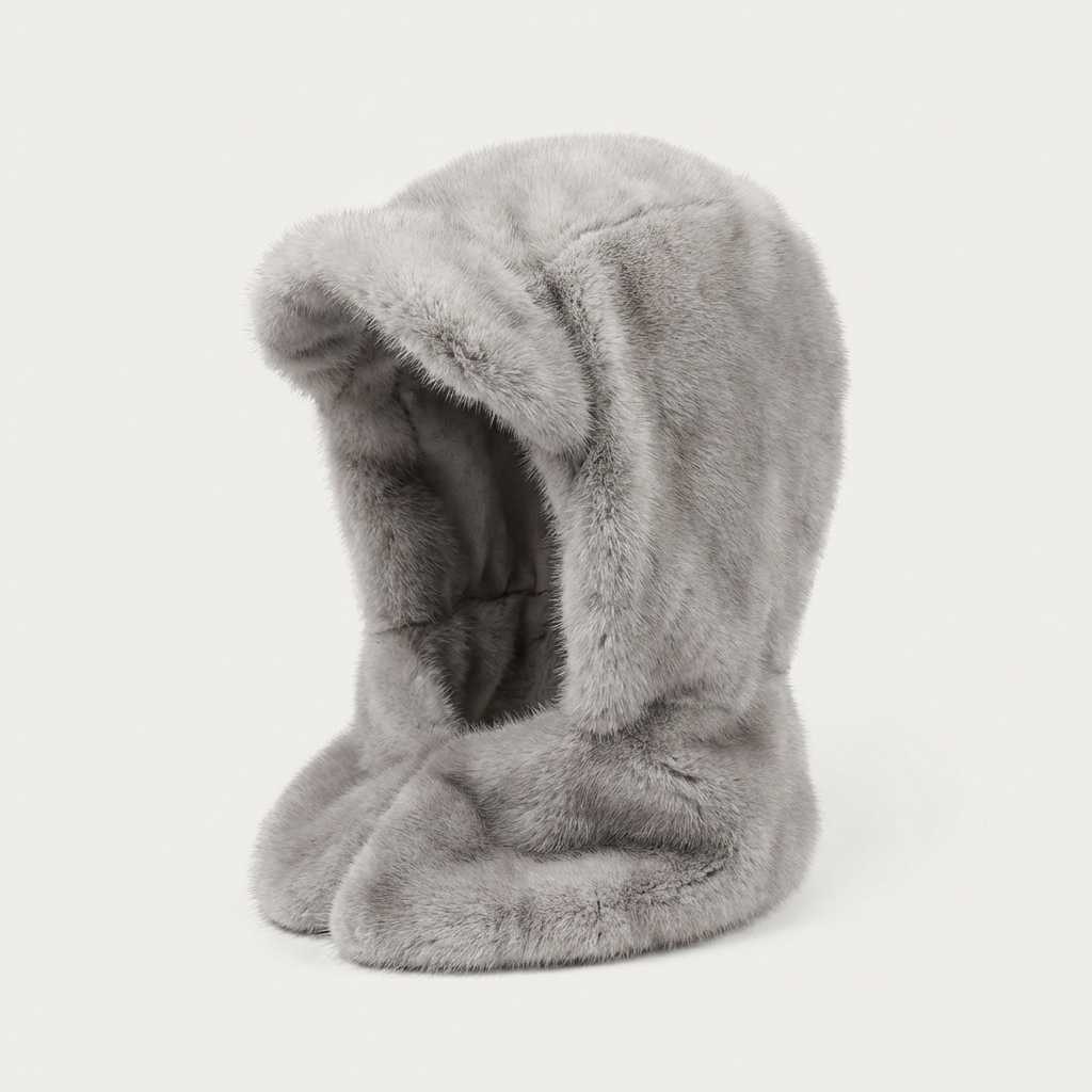 極簡灰磁釦絨毛頭套正面展示