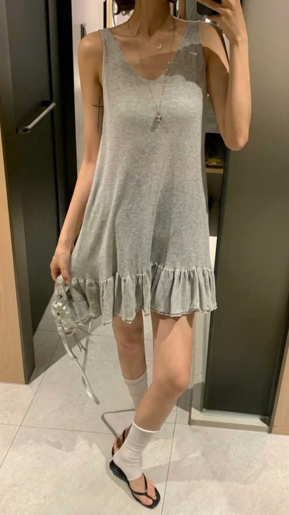 荷葉襬細肩洋裝-1