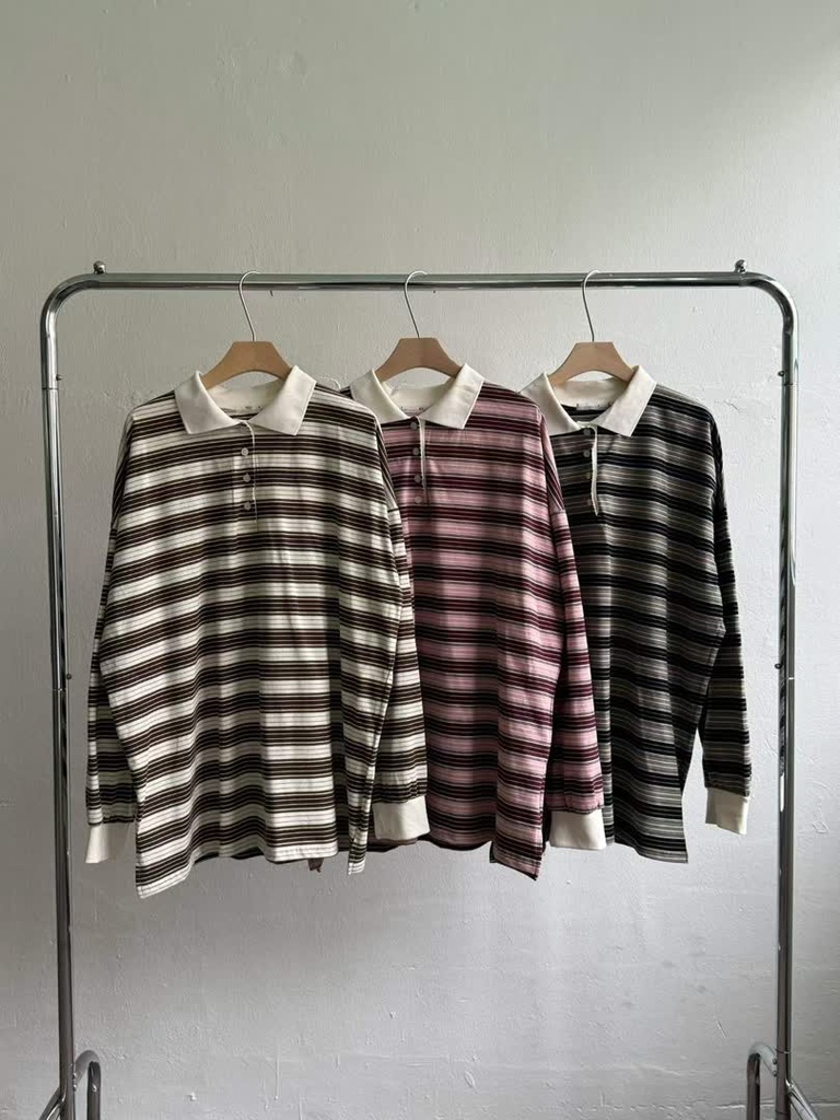 AM家條紋寬版POLO長袖上衣 商品圖 1