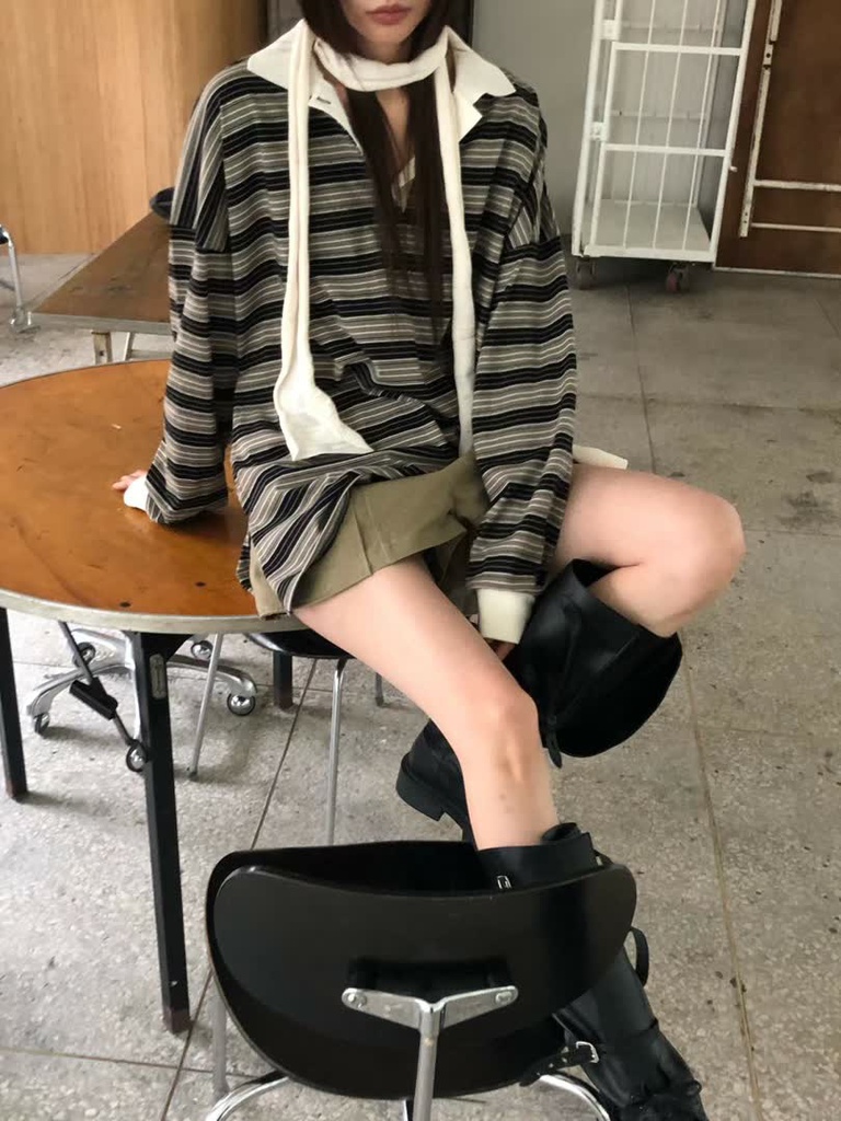AM家條紋寬版POLO長袖上衣 商品圖 3