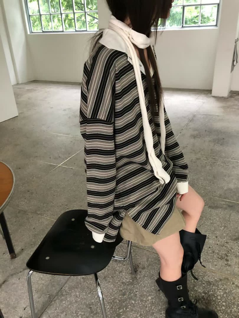 AM家條紋寬版POLO長袖上衣 商品圖 4